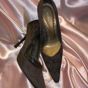 BCBG Logo Fabric Luscious Brown Stiletto 7.5 Heels